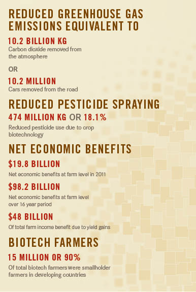 Source: GM Crops: Global Socio-Economic and Environmental Impacts 1996-2011, www.pgeconomics.co.uk For Additional Information, please visit: http://www.monsanto.com/newsviews/Pages/biotech-safety-gmo-advantages.aspx